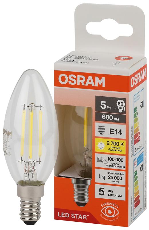 лампа светодиодная филаментная lsclb60 5w/827 230vfilcl 5вт 2700к тепл. бел. e14 600лм b угол пучка 300град. 220-240в (замена 60вт) прозр. стекло osram 4058075684577 от BTSprom.by