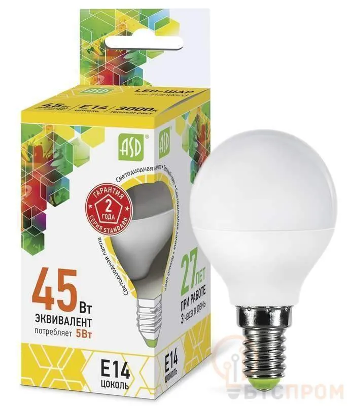 лампа светодиодная led-шар-standard 5вт шар 3000к тепл. бел. e14 450лм 160-260в asd 4690612002125 от BTSprom.by