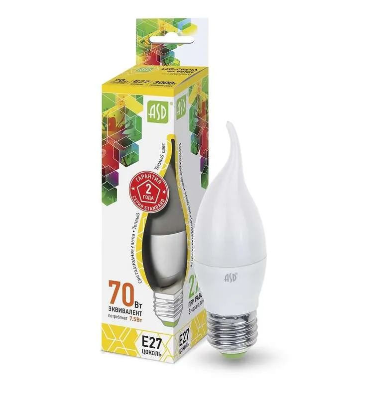 лампа светодиодная led-свеча на ветру-standard 7.5вт свеча на ветру 3000к тепл. бел. e27 675лм 160-260в asd 4690612004570 от BTSprom.by
