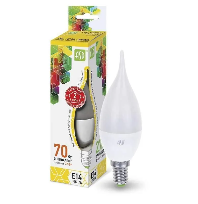 лампа светодиодная led-свеча на ветру-standard 7.5вт свеча на ветру 3000к тепл. бел. e14 675лм 160-260в asd 4690612004556 от BTSprom.by