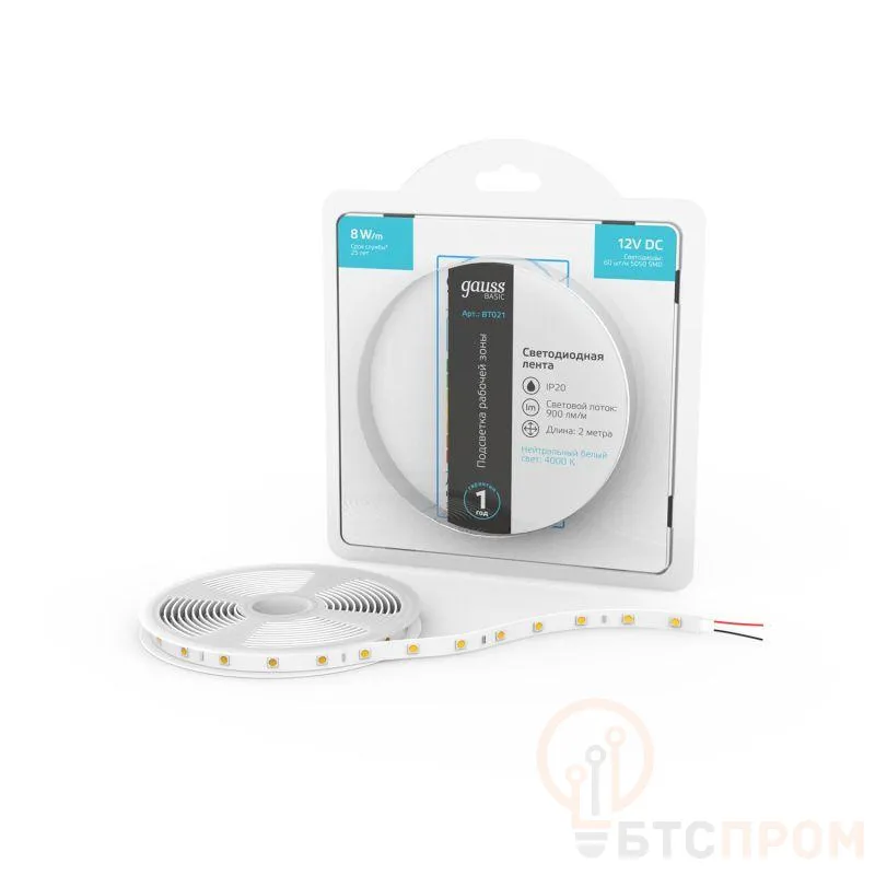  Лента светодиодная Basic 5050/60-SMD 8Вт/м 4000К нейтр. бел. IP20 900лм/м 12В 10мм (уп.2м) GAUSS BT021 фото в каталоге от BTSprom.by