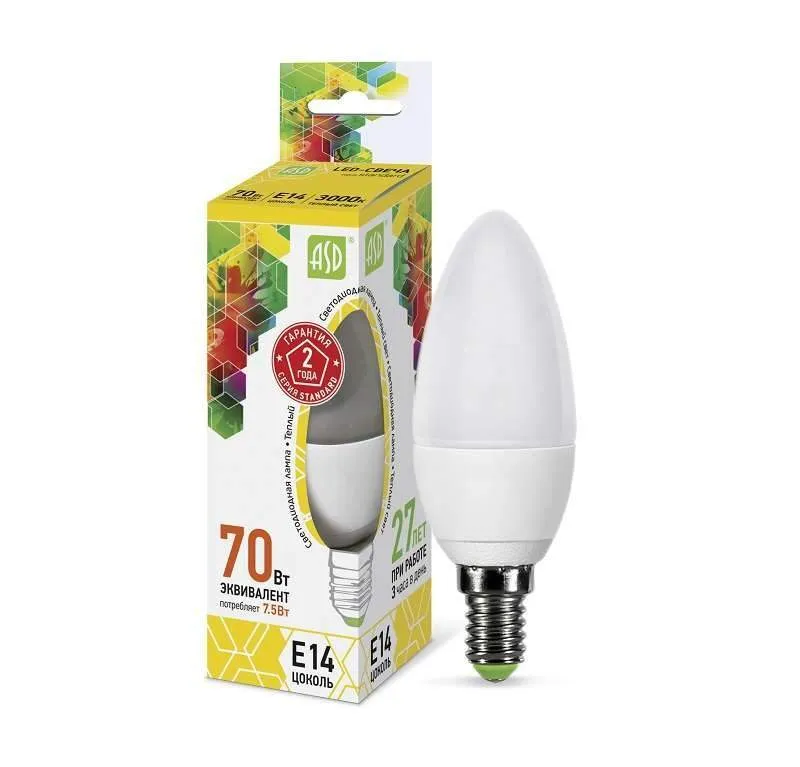 лампа светодиодная led-свеча-standard 7.5вт свеча 3000к тепл. бел. e14 675лм 160-260в asd 4690612003924 от BTSprom.by