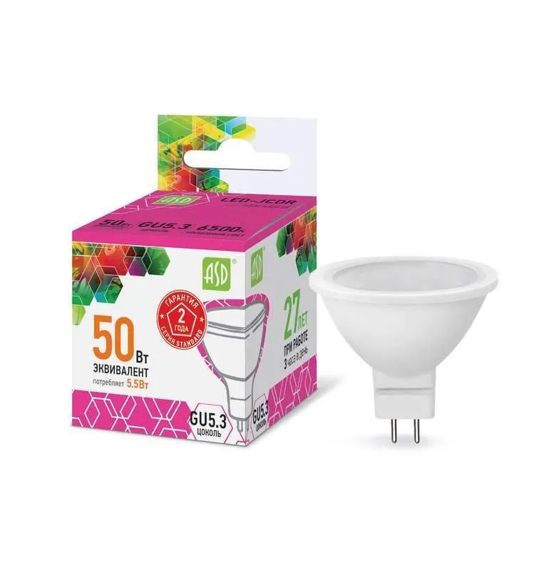 лампа светодиодная led-jcdr-standard 5.5вт 230в gu5.3 6500к 495лм asd 4690612012261 от BTSprom.by