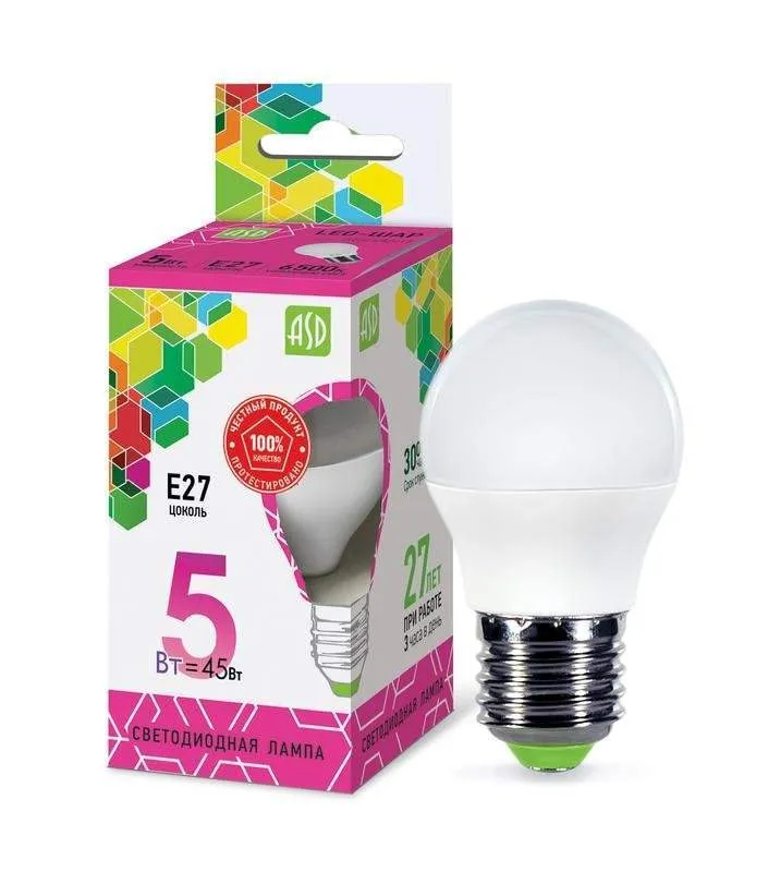 лампа светодиодная led-шар-standard 5вт 230в e27 6500к 450лм asd 4690612024561 от BTSprom.by