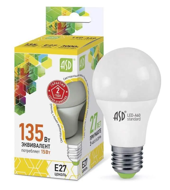 лампа светодиодная led-a60-standard 15вт грушевидная 3000к тепл. бел. e27 1350лм 160-260в asd 4690612002088 от BTSprom.by