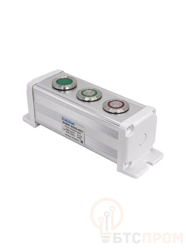  Пост управления BXM47-B3/22-65У1 1 лампа 220В зел. + 1 цилиндрическая кнопка 1C1NO1NC зел. + 1 цилиндрическая кнопка 1C1NO1NC красн. Электротехник ET249213 фото в каталоге от BTSprom.by