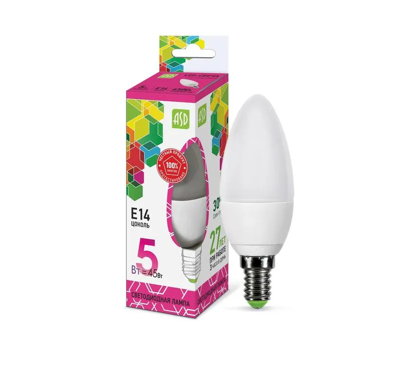 лампа светодиодная led-свеча-standard 5вт 230в e14 6500к 450лм asd 4690612034072 от BTSprom.by